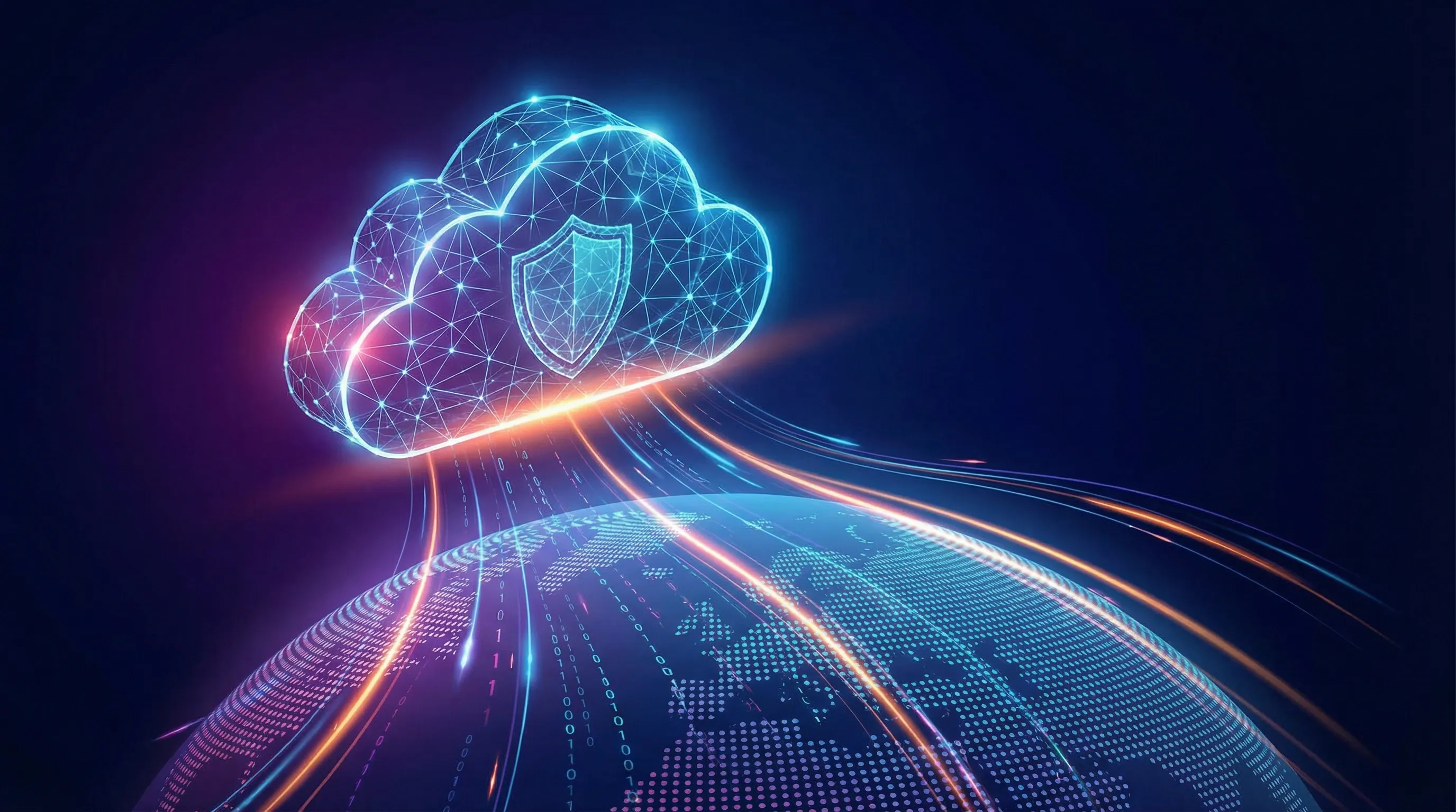 Digital cloud with a shield icon hovering above a glowing global network, symbolizing centralized cloud infrastructure, internet traffic control, and the power of major providers like Cloudflare over global data flows.